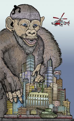 Cartoon: Big monkey in the city (medium) by javierhammad tagged monkey,town,city,giant,surreal,monster,attack,chopper,tank,illustration,illustrationen,affe,king kong,city,stadt,großstadt,monster,ungeheuer,angriff,verteidigung,sicherheit,tier,tiere,gorilla,king,kong