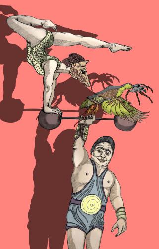 Cartoon: Circus of extravaganza (medium) by javierhammad tagged circus,weird,surreal,strongmen,equilibrist,bird,spider,game,shadow,circus,zirkus,akrobatik,akrobat,sport,sportler,kraft,show,aufführung,bühne,theater,illustration,gewichte,gewicht,hanteln,muskeln,unterhaltung,athlet