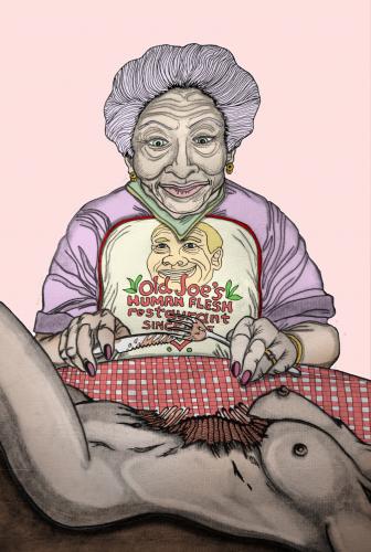 Cartoon: Dinner at Joe (medium) by javierhammad tagged dinner,old,woman,eat,meat,cannibalism,flesh,human,body,kannibalismus,kannibale,fleisch,menschenfleisch,moral,ethik,kultur,menschen,körper,anatomie,steak,mittagessen,restaurant,gastronomie