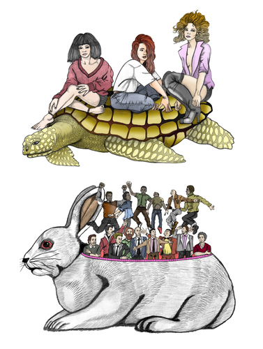 Cartoon: The rabbit and the turtle (medium) by javierhammad tagged the,woman,tale,turtle,rabbit,rabbit,turtle,tale,woman