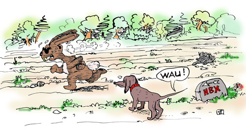 Cartoon: Buxtehude gibt es (medium) by thomasH tagged buxtehude,hase,igel,hund,schwanz,bellen
