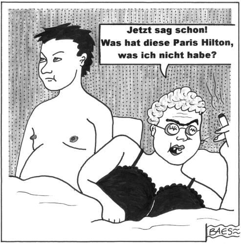 Cartoon: Die Stunde der Wahrheit (medium) by BAES tagged ehepaar,paar,mann,frau,liebe,paris,hilton,beziehung,schlafzimmer,eifersucht,paris hilton,star,promi,sex,attraktivität,schönheit,beauty,beziehung,schlafzimmer,eifersucht,paris,hilton