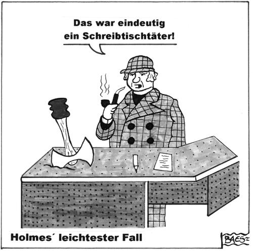 Cartoon: Holmes leichtester Fall (medium) by BAES tagged holmes,sherlock,watson,dr,street,baker,literatur,detektiv,mann,tat,täter,krimi,verbrechen,büro,schreibtisch,axt,gewalt