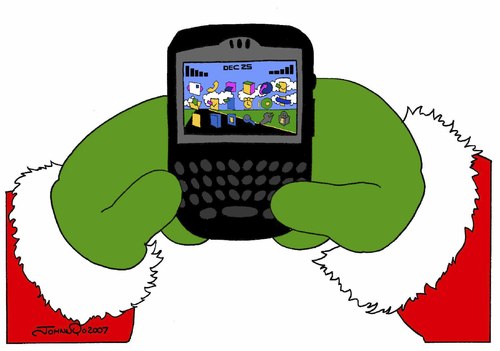 Cartoon: Santa BlackBerry (medium) by JohnnyCartoons tagged technology,blackberry,claus,santa