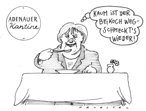 Cartoon: adenauer-kantine (medium) by Andreas Prüstel tagged rolandkoch,rücktritt,merkel,cdu,roland koch,hessen,rückzug,rücktritt,rolle,angela merkel,regierung,cdu,roland,koch,angela,merkel,kantine,adenauer