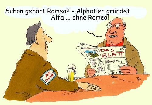 Cartoon: alfa (medium) by Andreas Prüstel tagged alfa,parteigründung,afd,romeo,alphatier,cartoon,karikatur,andreas,pruestel,alfa,parteigründung,afd,romeo,alphatier,cartoon,karikatur,andreas,pruestel