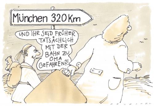 Cartoon: bahn-preise (medium) by Andreas Prüstel tagged deutschebahn,deutsche bahn,generation,db,zug,bahn,verreisen,urlaub,ferien,mutter,tochter,kind,großeltern,oma,opa,generationen,bahnpreise,preise,geld,überteuert,teuer,luxus,wandern,laufen,vergangenheit,deutsche