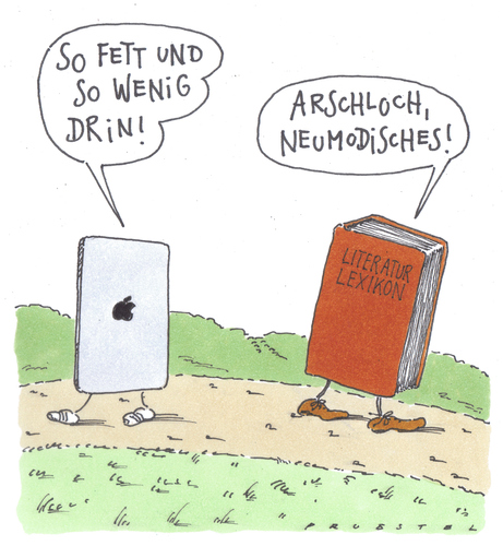 Cartoon: begegnung (medium) by Andreas Prüstel tagged ipad,buch,tradition,moderne,ipad,buch,tradition,moderne,modern,technologie,technik,fortschritt,literatur,lesen,bücher,buchmesse,analog,digital,digitalisierung,druck,konkurrenz,konkurrenten,iphone,lexikon