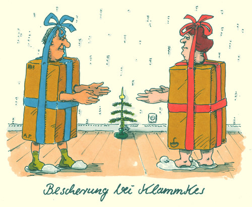 Cartoon: bescherung (medium) by Andreas Prüstel tagged weihnachten,geschenke,bescherung,mittellosugkeit,geld,paar,kreativität,weihnachten,geschenke,bescherung,mittellosugkeit,geld,paar,kreativität