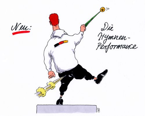 Cartoon: christoph harting (medium) by Andreas Prüstel tagged olympia,rio,diskuswerfen,christoph,harting,olympiasieger,siegerehrung,nationalhymne,performance,cartoon,karikatur,andreas,pruestel,olympia,rio,diskuswerfen,christoph,harting,olympiasieger,siegerehrung,nationalhymne,performance,cartoon,karikatur,andreas,pruestel