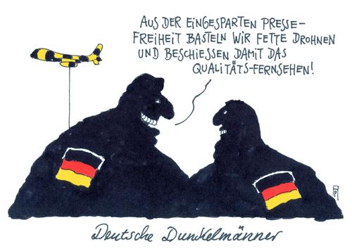 Cartoon: dunkelmänner (medium) by Andreas Prüstel tagged presse,pressefreiheit,ranking,drohnen,drohnenanschaffung,bundeswehr,tv,qualitätsfernsehen,grimmepreis,dchungelcamp,rtl,karikatur,cartoon,presse,pressefreiheit,ranking,drohnen,drohnenanschaffung,bundeswehr,tv,qualitätsfernsehen,grimmepreis,dchungelcamp,rtl,karikatur,cartoon