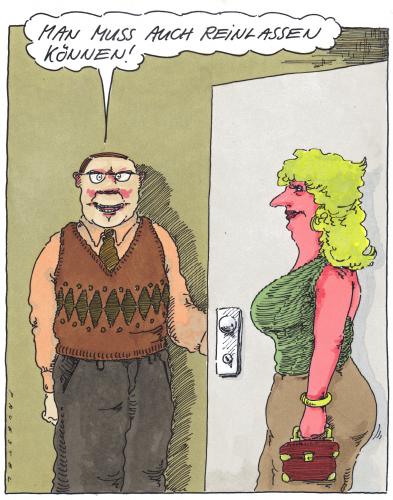 Cartoon: entree (medium) by Andreas Prüstel tagged hausbesuch,prostitution,hausbesuch,besuch,wohnung,date,rendezvous,bekanntschaft,treffen,verabredung,tür,reinlassen,öffnen,gastfreundschaft,prostitution,prostituierte,nutte,eingang,eintreten,sex,leidenschaft,manieren,höflichkeit