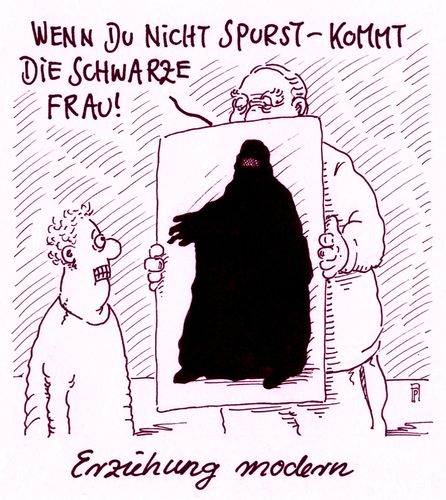 Cartoon: erziehung modern (medium) by Andreas Prüstel tagged flüchtlingszustrom,islam,muslima,burka,islamophobie,kinderschreck,cartoon,karikatur,andreas,pruestel,flüchtlingszustrom,islam,muslima,burka,islamophobie,kinderschreck,cartoon,karikatur,andreas,pruestel