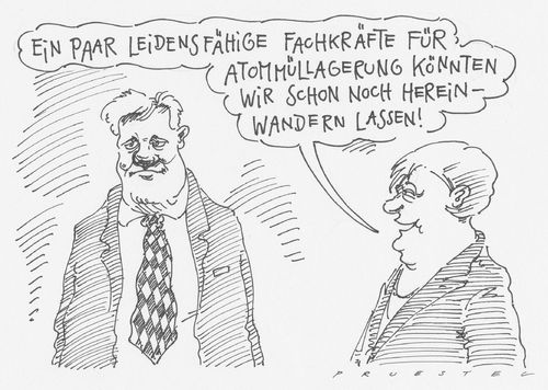 Cartoon: hereinwanderung (medium) by Andreas Prüstel tagged seehofer,merkel,zuwanderungsdebatte,atommüllagerung,facharbeiter,fachkräftemangel,horst seehofer,angela merkel,zuwanderungsdebatte,facharbeiter,fachkräftemangel,fachkraft,arbeit,job,horst,seehofer,angela,merkel,ausländer