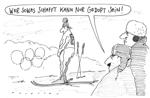 Cartoon: hochleistungssport (medium) by Andreas Prüstel tagged olympia,doping,leistungssport,urinprobe,wintersport,skilanglauf,olympia,doping,leistungssport,urinprobe,wintersport,skilanglauf,sport