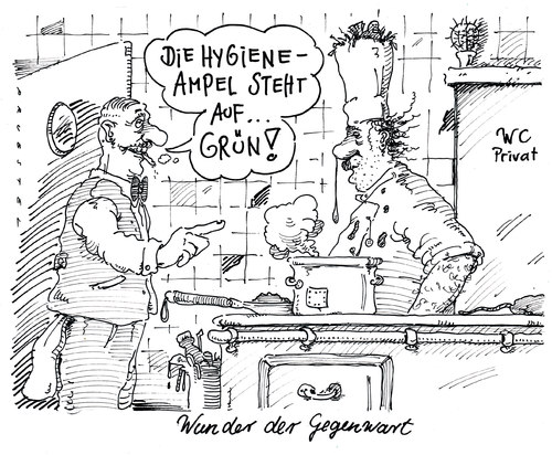 Cartoon: hygieneampel (medium) by Andreas Prüstel tagged lebensmittelkontrolle,gastronomiebewertung,hygieneampel,lebensmittelkontrolle,gastronomiebewertung,hygieneampel,gastronomie,küche,koch,hygiene,lebensmittel,gesundheit,kontrolle,vorschriften,restaurant