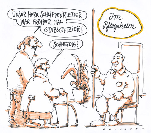 Cartoon: im pflegeheim (medium) by Andreas Prüstel tagged pflegeheim,altenpflege,pfleger,erinnerung,alzheimer,demenz,stabsoffizier,pflegeheim,altenpflege,pfleger,erinnerung,alzheimer,demenz,stabsoffizier