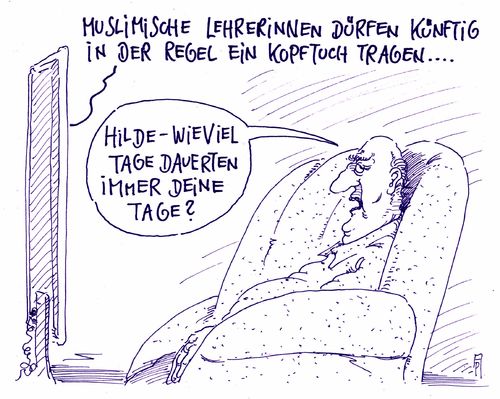 Cartoon: kopftuchregel (medium) by Andreas Prüstel tagged kopftuch,muslima,schulen,lehrerinnen,kopftuchverbot,nrw,bundesverfassungsgericht,regel,menstruation,cartoon,karikatur,andreas,pruestel,kopftuch,muslima,schulen,lehrerinnen,kopftuchverbot,nrw,bundesverfassungsgericht,regel,menstruation,cartoon,karikatur,andreas,pruestel