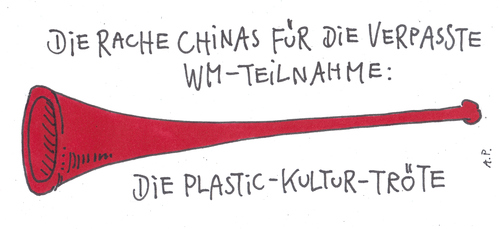 Cartoon: kulturgut (medium) by Andreas Prüstel tagged fußballweltmeisterschaft,vuvuzelatröte,chinaplastic,fußball,fussball,sport,wm,weltmeisterschaft,2010,afrika,vuvuzelatröte,vuvuzela,fans,kultur