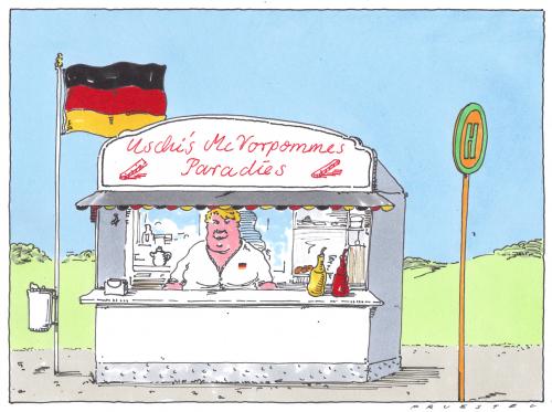 Cartoon: nord-ost (medium) by Andreas Prüstel tagged mecklenburgvorpommern,fritten,imbiß,mecklenburg vorpommern,bundesland,deutschland,pommes,fritten,imbiss,gastronomie,imbiß,fast food,essen,nahrung,ernährung,verkauf,handel,verkäuferin,nord ost,osten,mecklenburg,vorpommern,fast,food,nord,ost