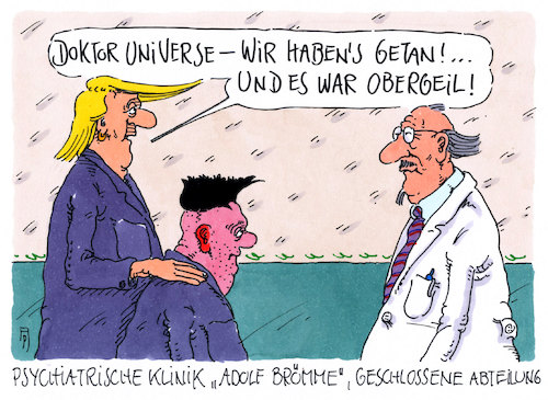 Cartoon: obergeil (medium) by Andreas Prüstel tagged usa,nordkorea,trump,kim,jong,un,treffen,singapur,psychiatrie,doktor,universe,cartoon,karikatur,andreas,pruestel,usa,nordkorea,trump,kim,jong,un,treffen,singapur,psychiatrie,doktor,universe,cartoon,karikatur,andreas,pruestel