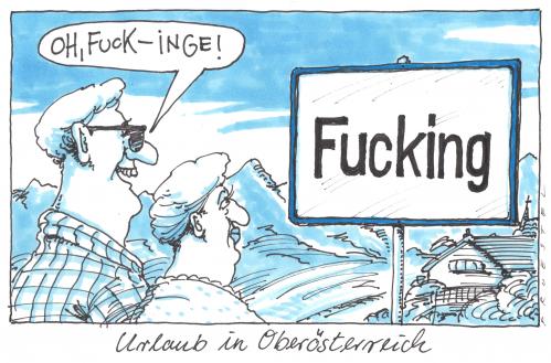 Cartoon: oberösterreich (medium) by Andreas Prüstel tagged urlaub,paar,österreich,urlaub,paar,österreich,dorf,dorfname,anglizismus,peinlichkeit,tourismus,tourismusziel,tourismusattraktion,berühmt,dorfschild,fucking,zufall,resieziel,humor,witzig,ungewollter