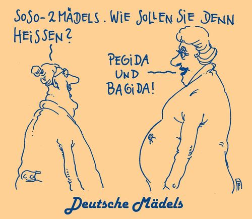 Cartoon: pegida (medium) by Andreas Prüstel tagged pegida,bagida,dügida,kagida,legida,demonstrationen,islamismus,abendland,deutsche,mädels,zwillinge,schwanger,cartoon,karikatur,andreas,pruestel