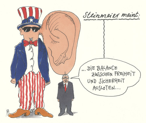 Cartoon: sichere freiheit (medium) by Andreas Prüstel tagged usa,deutschland,sicherheit,freihei,geheimdienst,ausspionierung,freundschaft,bündnis,steinmeier,aussenminister,balance,cartoon,karikatur,andreas,pruestel,usa,deutschland,sicherheit,freihei,geheimdienst,ausspionierung,freundschaft,bündnis,steinmeier,aussenminister,balance,cartoon,karikatur,andreas,pruestel