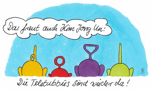 Cartoon: teletubbies (medium) by Andreas Prüstel tagged infantil,teletubbies,kim,jong,un,trump,westliche,welt,cartoon,karikatur,andreas,pruestel,infantil,teletubbies,kim,jong,un,trump,westliche,welt,cartoon,karikatur,andreas,pruestel