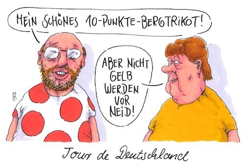 Cartoon: trikots (medium) by Andreas Prüstel tagged wahlkampf,schulz,merkel,spd,zehnpunkteprogramm,cdu,tour,de,france,bergtrikot,gelbes,tricot,cartoon,karikatur,andreas,pruestel,wahlkampf,schulz,merkel,spd,zehnpunkteprogramm,cdu,tour,de,france,bergtrikot,gelbes,tricot,cartoon,karikatur,andreas,pruestel