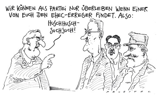 Cartoon: überlebenskampf (medium) by Andreas Prüstel tagged fdp,erreger,infektion,ehec,niebel,rösler,westerwelle,brüderle,ehec,infektion,erreger,brüderle,westerwelle,rösler,niebel