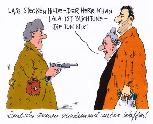 Cartoon: unter waffen (medium) by Andreas Prüstel tagged flüchtlinge,besorgte,bürger,frauen,bewaffnung,angst,paschtune,cartoon,karikatur,andreas,pruestel,flüchtlinge,besorgte,bürger,frauen,bewaffnung,angst,paschtune,cartoon,karikatur,andreas,pruestel