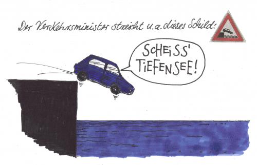 Cartoon: verkehrsschilder (medium) by Andreas Prüstel tagged verkehrsminister,auto,verkehrsminister,auto,verkehr,autofahrer,kraftfahrzeug,unfall,verkehrsschild,verkehrsunfall,verbot,warnschild,achtung,warndreieck,tiefensee,streichung