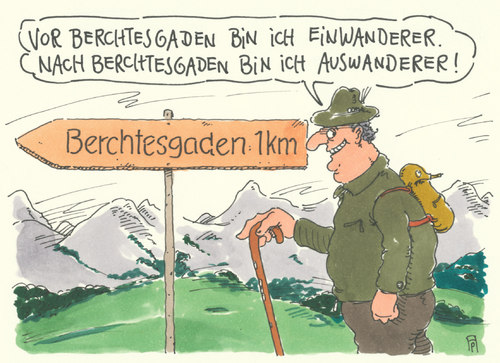 Cartoon: wanderer (medium) by Andreas Prüstel tagged karikatur,cartoon,berchtesgaden,alpen,bayern,deutschland,auswanderung,migranten,immigration,einwanderung,wanderer,wandern,andreas,pruestel,wandern,wanderer,einwanderung,auswanderung,deutschland,bayern,alpen,berchtesgaden,cartoon,karikatur,andreas,pruestel