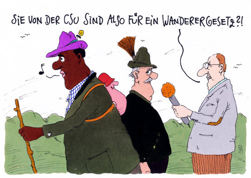 Cartoon: wanderergesetz (medium) by Andreas Prüstel tagged einwanderer,einwanderungsgesetz,csu,bayern,wandern,wanderer,cartoon,karikatur,andreas,pruestel,einwanderer,einwanderungsgesetz,csu,bayern,wandern,wanderer,cartoon,karikatur,andreas,pruestel