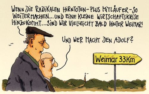 Cartoon: weimar (medium) by Andreas Prüstel tagged weimar,weimarer,republik,radikalisierung,rechtspopulismus,nationalismus,faschismus,polarisierung,bundesrepublik,adolf,hitler,mitläufer,wirtschaftskrise,cartoon,karikatur,andreas,pruestel,weimar,weimarer,republik,radikalisierung,rechtspopulismus,nationalismus,faschismus,polarisierung,bundesrepublik,adolf,hitler,mitläufer,wirtschaftskrise,cartoon,karikatur,andreas,pruestel