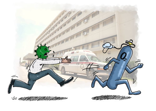 Cartoon: running out of oxygen tubes (medium) by handren khoshnaw tagged handren,khoshnaw,oxygen,tube,corona,virus,kurdistan,hospital,shortage,patients