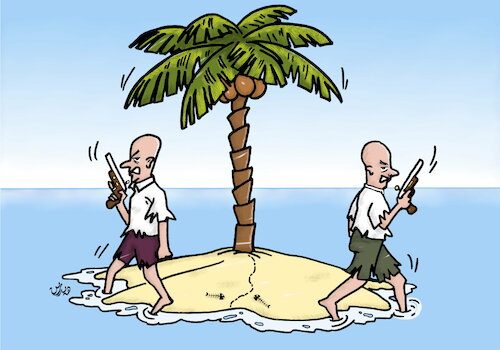 Cartoon: war and peace on desert island (medium) by handren khoshnaw tagged handren,khoshnaw,war,peace,island,desert,dueling,gun,killing,cartoon