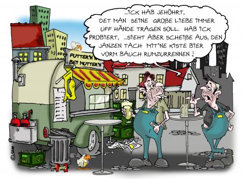 Cartoon: die grosse liebe (medium) by sam tagged woman,character,frau,sam,man,bunt,familie,frech,,cartoon,cartoons,frauen,männer,mann,partnerschaft,beziehung,familie,frech,berlin,berlinerisch,kist,bier,alkohol,alkoholiker,sucht,abhängigkeit,säufer,saufen,liebe