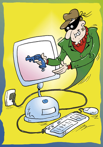Cartoon: Datenklau (medium) by astaltoons tagged internet,kriminalität,datenklau,waffe,räuber,ganove,computer,retro