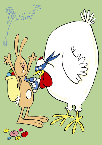 Cartoon: Osterhase (medium) by astaltoons tagged ostern,osterhase,ei,eier,huhn,pistole,bunt,hände hoch,hände,hoch