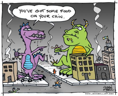 Cartoon: Monster Manners (medium) by JohnBellArt tagged monsters,food,eat,chin,pillage,people,destroy,attack
