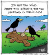 Cartoon: Stuffing (small) by JohnBellArt tagged teddy,bear,stuffing,road,kill,crow,carrion,eat,dead,toy,devour,doll