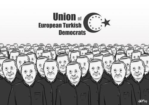 Cartoon: Union European Turkish Democrats (medium) by INovumI tagged recep,tayyip,erdogan,unionofeuropeanturkishdemocrats,uetd,bekir,bozdag,badenwuerttemberg