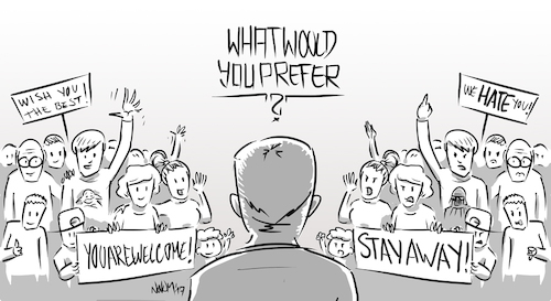 Cartoon: What would you prefer? (medium) by INovumI tagged refuge,refugee,welcome,empathy,hate,racism,nazis,left,right,etc