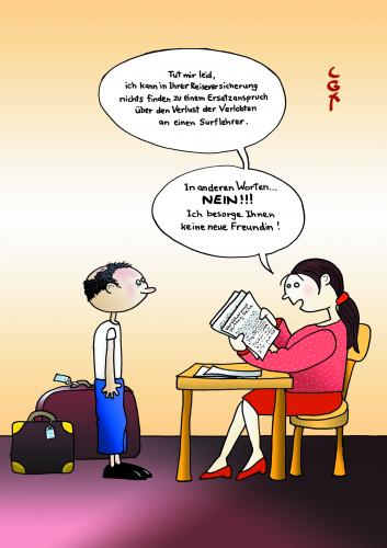 Cartoon: Reiseversicherung (medium) by lillian tagged lgx,lillian,mousli,reisversicherung,reisen,traveller,ersatzansprüche,tourismus,freundin,surfen,surflehrer