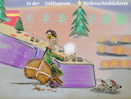 Cartoon: bruchstücke (medium) by ab tagged weihnachten,elf,backen,rollstuhl,plätzchen,lebkuchen,mäuse,behinderung