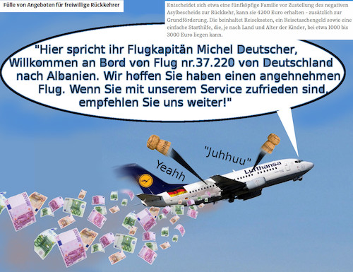 Cartoon: first class rückflug (medium) by ab tagged wirtschaftsflüchtlinge,rückkehr,geld,flug