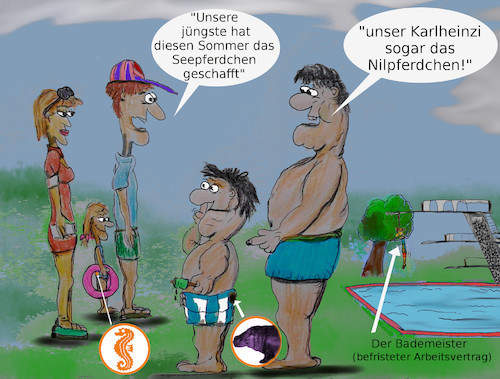 Cartoon: freibadsaisonende (medium) by ab tagged sommer,ende,freibad,schwimmen,kinder,abzeichen