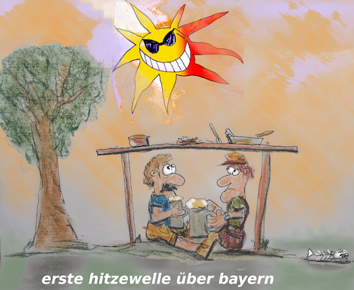 Cartoon: guad warm (medium) by ab tagged wetter,deutschland,bayern,hitze,wärme,jahreszeit,mai,frühsommer,klimawandel,biergarten,bier